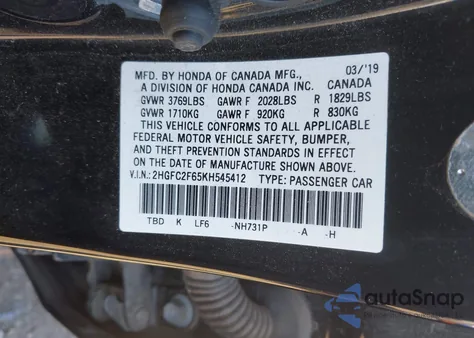 2019 Honda Civic Lx from USA, damaged, VIN 2HGFC2F65KH545412